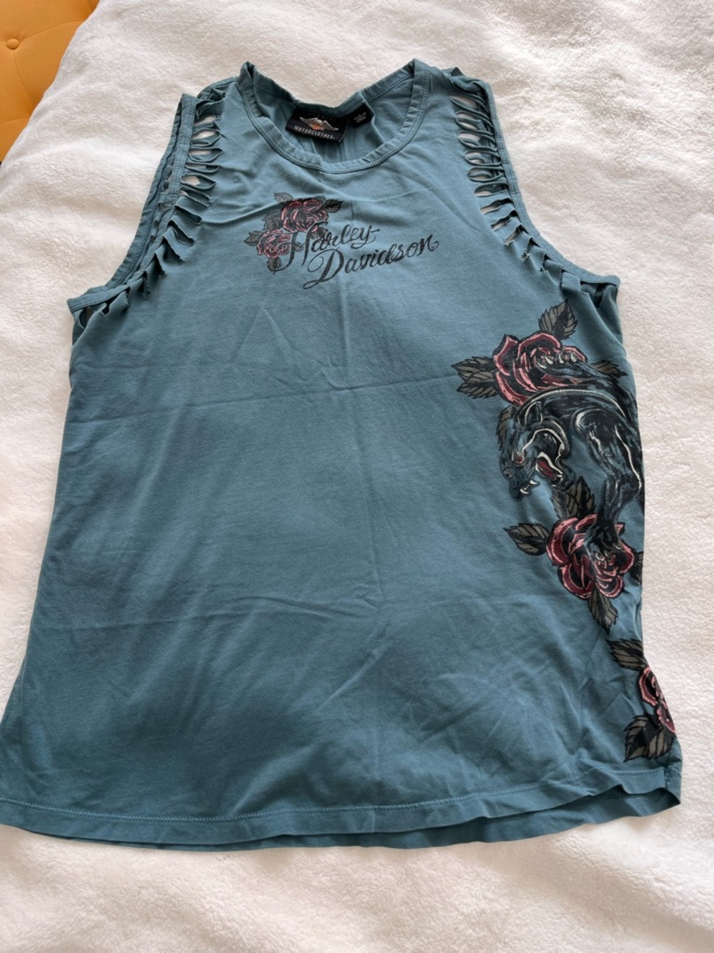Harley-Davidson Teal Cutout Sleeve Tank with Panther and Rose Print
